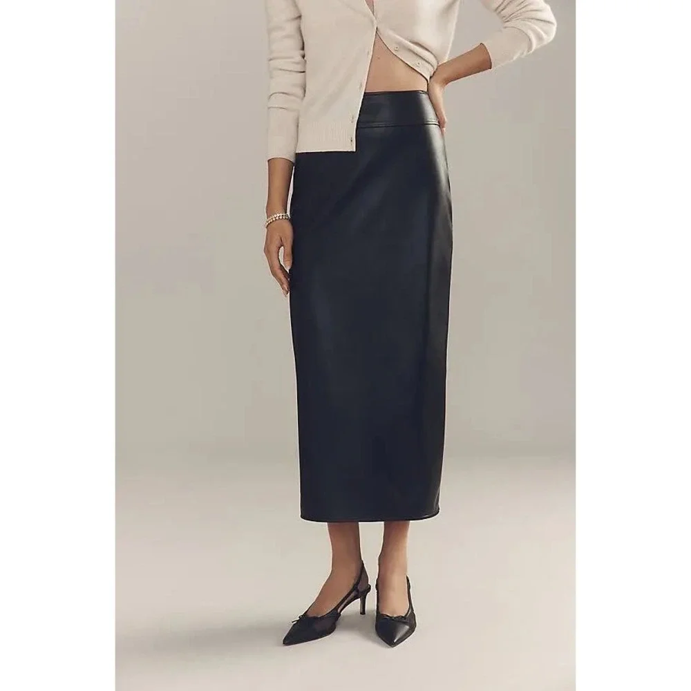 Maeve by Anthropologie Faux Leather Pencil Maxi Skirt Black Size L Boho Grunge